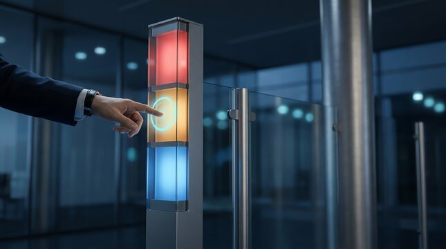 Hand touching glowing yellow digital sensor button on futuristic tall light pylon