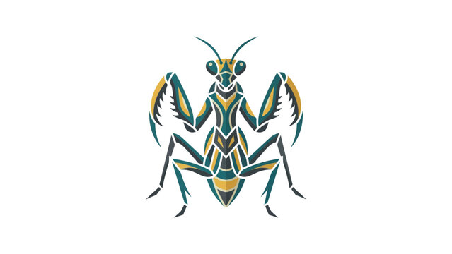 Detailed praying mantis illustration with green and gold accents.