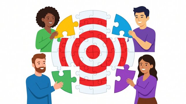 Team solving puzzle with target background