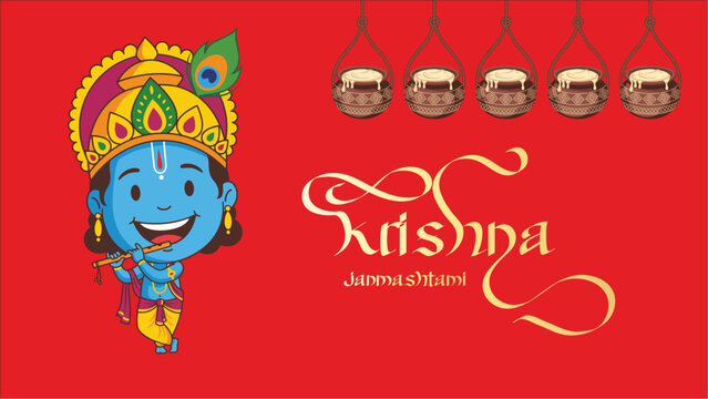 Krishna Janmashtami Indian Festival Celebration Featuring Adorable Blue Baby Krishna Playing a Golden Flute with Decorative Hanging Matki Pots Peacock Feathers Traditional Indian Ornaments and
Vibran