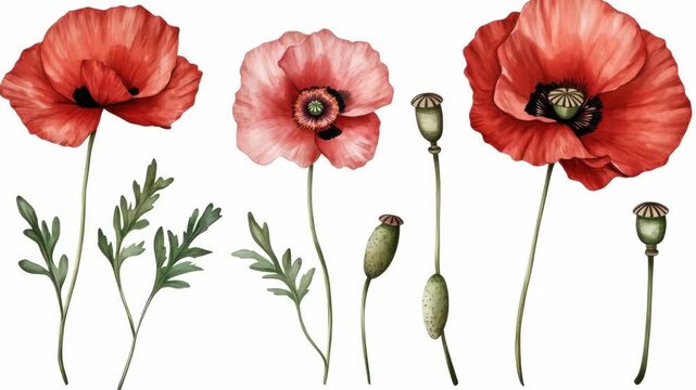 Red Poppy Flowers and Seed Pods on White Background