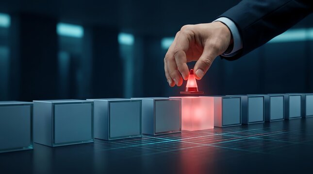 Corporate Hand Placing Glowing Red Traffic Cone To Mark Critical Safety Risk Point