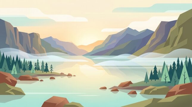 Serene mountain lake landscape with glowing sunrise and pine trees