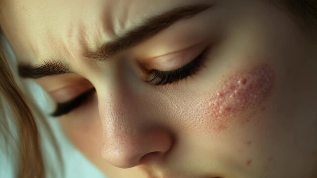 Close-up portrait of a young woman with acne and skin conditions