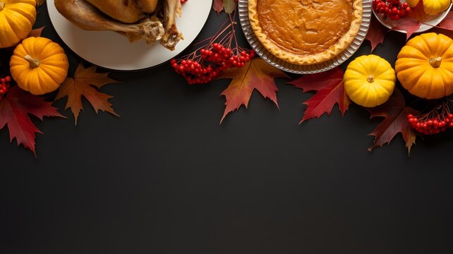 Thanksgiving dinner table setting with roasted turkey pumpkin pie and autumn leaves on a dark background