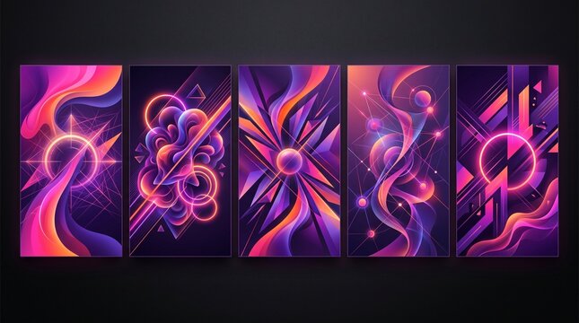 Abstract neon digital art set with glowing geometric shapes and vibrant fluid gradients