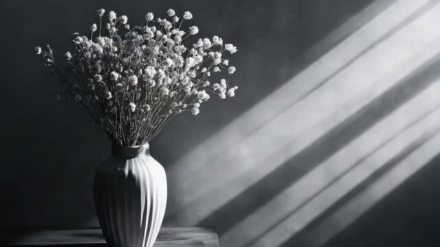 Monochrome Still Life of White Flowers in a Textured Vase with Dramatic Shadow Patterns