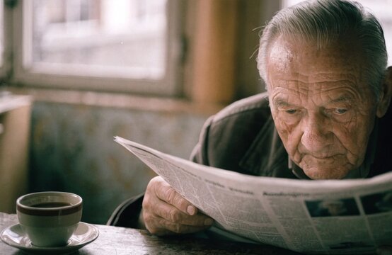 Senior gentleman savoring a peaceful moment while reading a newspaper by himself at a vintage cafe table bathed in morning light appreciating solitude and a traditional lifestyle