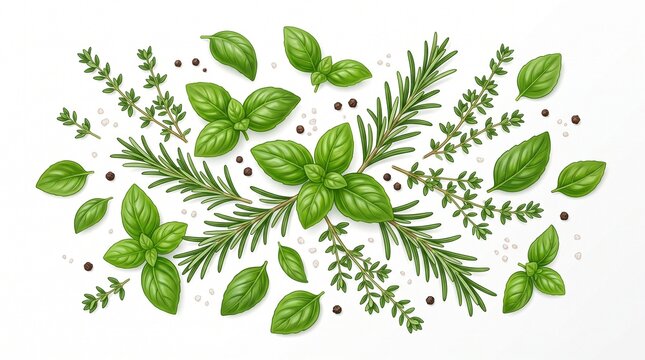Fresh green herbs and spices scattered on a white background for culinary cooking design.