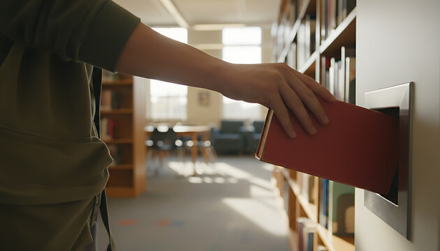 Person Returning Book to Library Bookshelf in Study Area