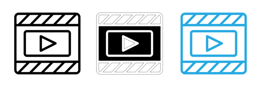 Film reel with play button icon set in black white and blue line styles