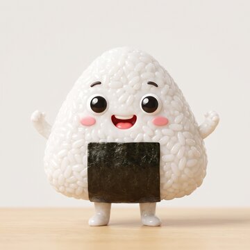 Cute smiling onigiri rice ball character with seaweed wrap on a wooden table surface
