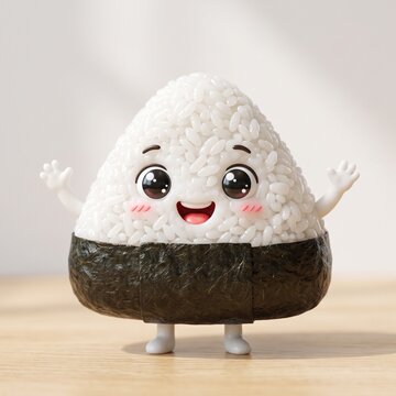 Cute smiling onigiri rice ball character with arms raised on a wooden table
