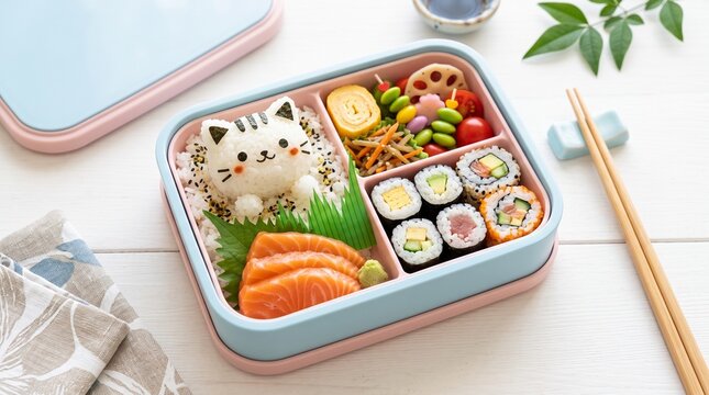 Cute cat shaped rice bento box with sushi and salmon sashimi for healthy lunch meal