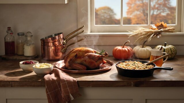 Warm autumn kitchen scene with seasonal food and decorations