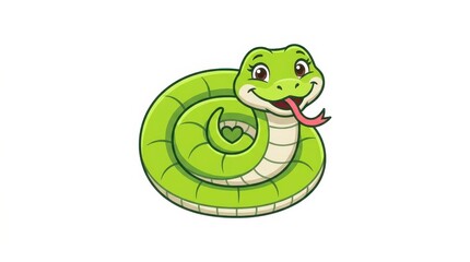 Fototapeta premium Cute Green Cartoon Snake Illustration Coiled and Smiling with a Heart Detail on Tail Isolated on White Background