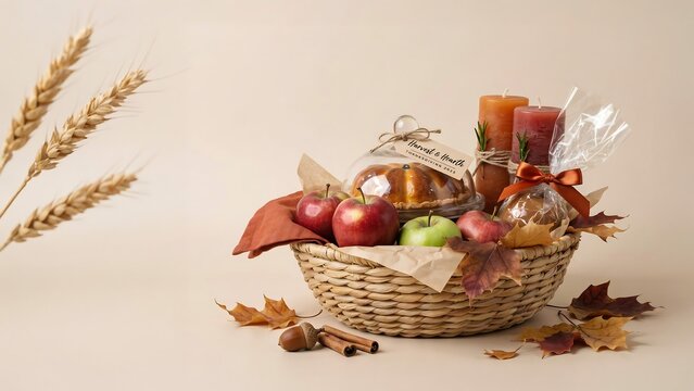 Autumn harvest basket with fruits preserves and wheat stalks