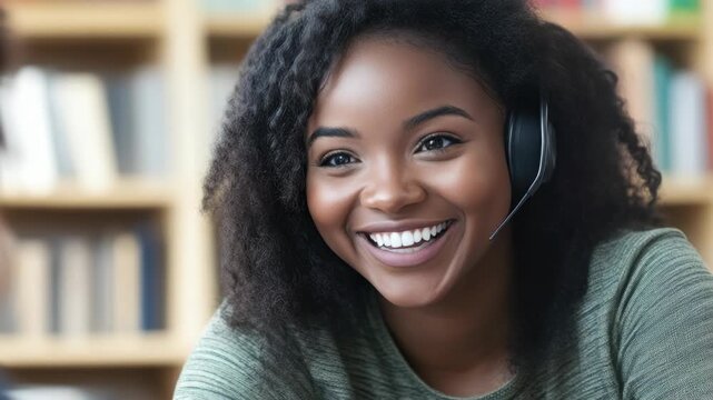 Smiling Woman with Curly Hair Wearing a Communication Headset