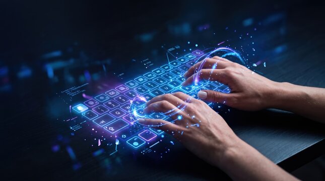 Futuristic holographic keyboard typing interface with glowing blue neon lights, advanced technology for cybersecurity, coding, and digital data entry in a dark cyberpunk