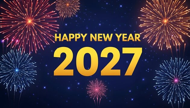 Happy new year 2027 greeting card design with golden numbers and colorful fireworks on dark blue background