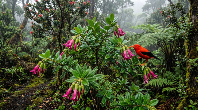 Brilliant scarlet iiwi bird perched delicately upon blooming tropical flowers inside a misty verdant Hawaiian rainforest