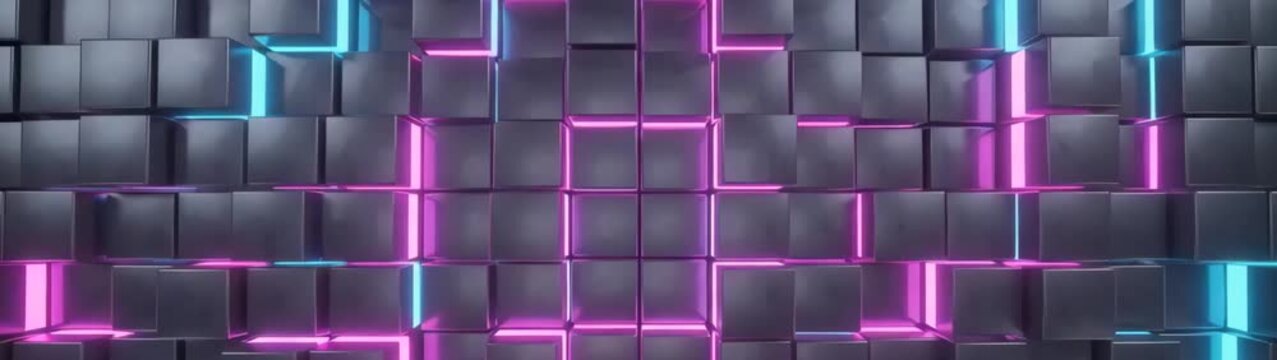 Grid of dark geometric cubes with glowing lines creating a futuristic pattern Visualizing data and digital connections.