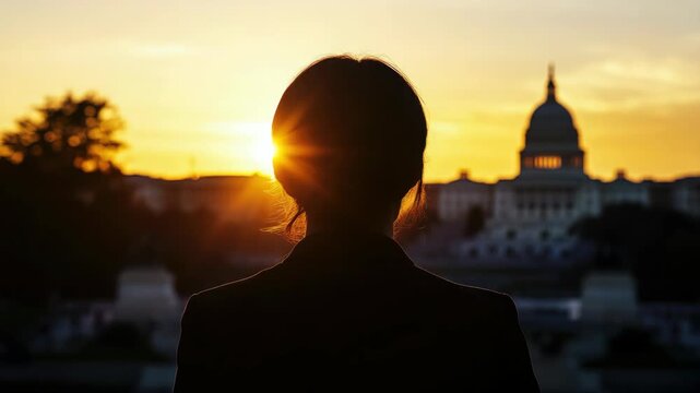Silhouette of a Woman Facing Cityscape at Sunset