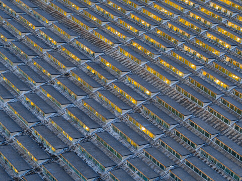Aerial view of the repeating skylight roof structure of the EUR district in Rome, Lazio, Italy.