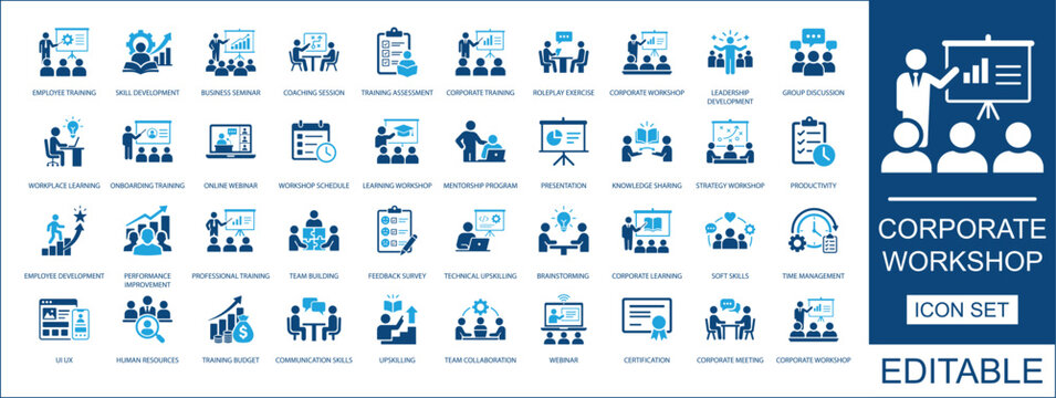 Corporate workshop and training icon set. Featuring skill development, leadership, webinar, mentorship, and team building. Vector icons for print collateral, presentation slides, and website UI.