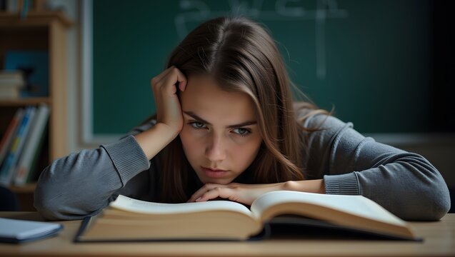 Depressed female student staring at open book with frustration and academic failure concept, stress, burnout, mental fatigue, concentration issue, tired learner in classroom, examination pressure prob