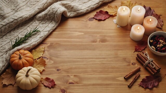 Autumnal still life with pumpkins candles and cozy textiles