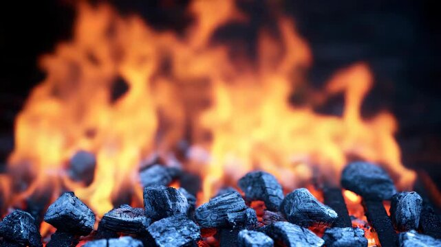 Burning Charcoal with Glowing Embers and Fiery Flames
