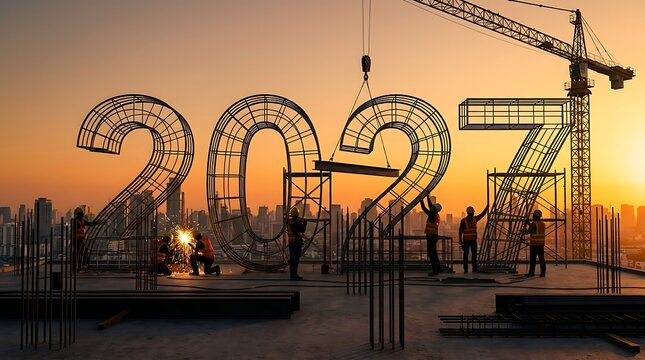 Construction workers building large wireframe numbers 2027 at sunset