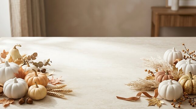 Autumnal still life with pumpkins and dried flowers