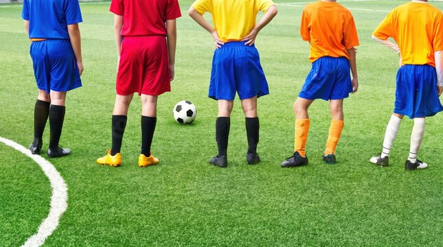 Youth soccer team players standing in line on green grass field wearing colorful uniforms and cleats, sports training and competition, children football practice