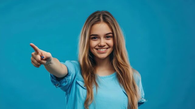 Smiling teenage girl pointing toward the side against a blue background