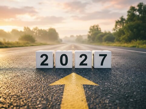 2027 year concept with white cubes on a road with yellow arrow