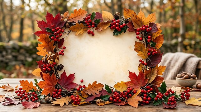 Autumnal floral arrangement with blank sign for seasonal message