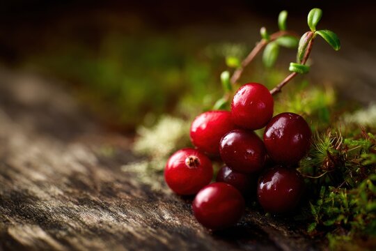 Cranberries displayed on mossy wood create natural setting. Bright red berries glisten with moisture. Background features rich green moss and rustic surface