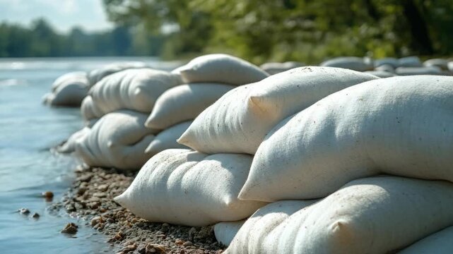 Sandbags on a Riverbank for Flood Protection and Erosion Control
