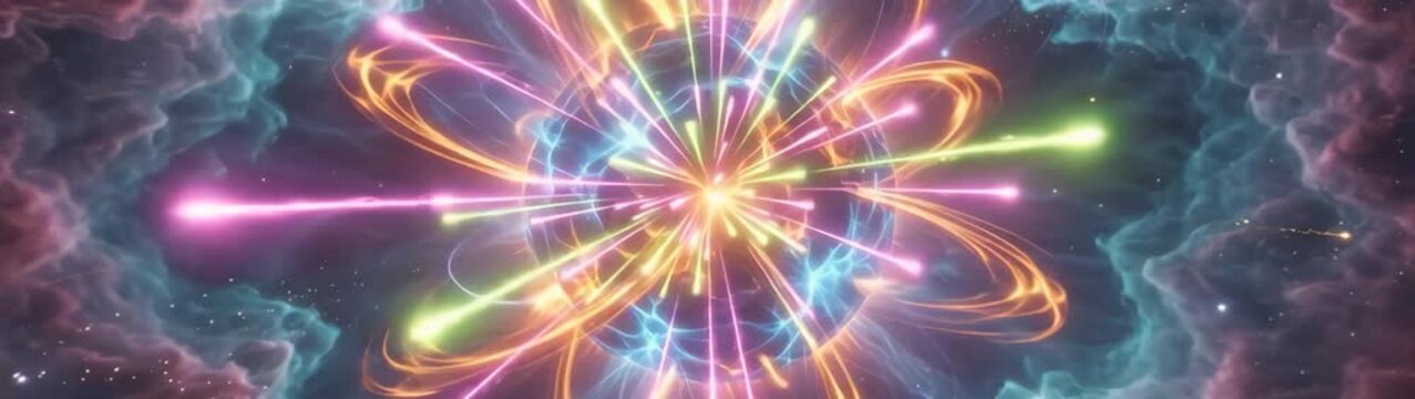 Quantum atom showing electrons orbiting a nucleus generating powerful light in a cosmic nebula with stars.