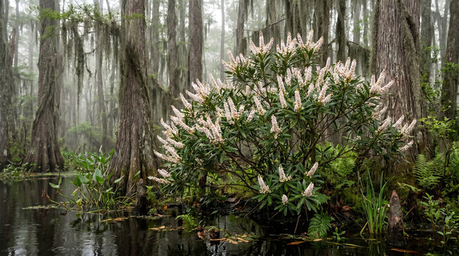 Blooming coastal sweet pepperbush shrub glows softly within a misty dark cypress swamp landscape at dawn