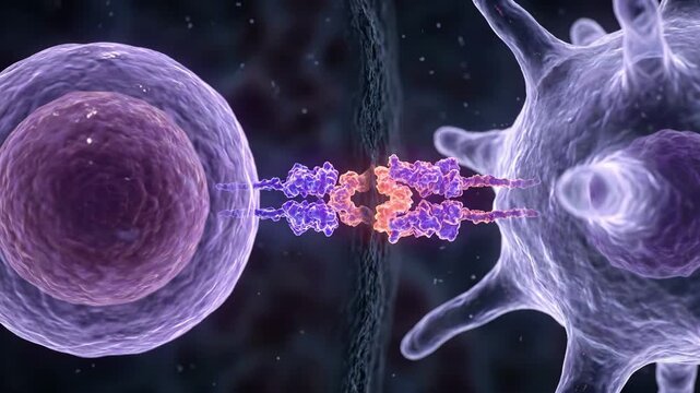 T cell white blood cell interacting with antigen presenting cell close up