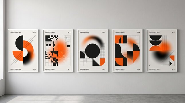Set of five abstract geometric posters with orange and black shapes on white wall gallery