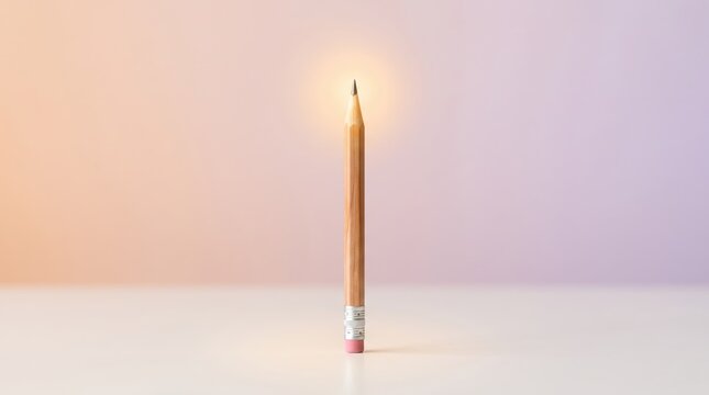 Minimalist wooden pencil standing upright with glowing tip symbolizing bright idea and creativity, education learning, writing inspiration, innovation spark, back to school theme