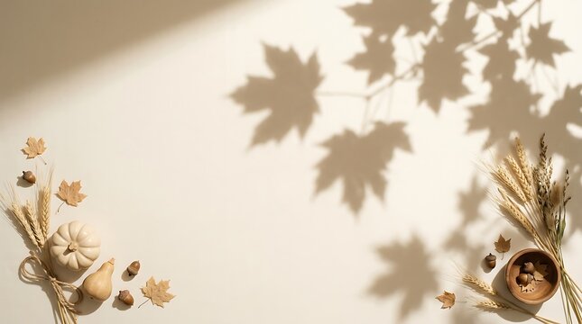 Botanical shadows and dried flowers on a neutral wall background