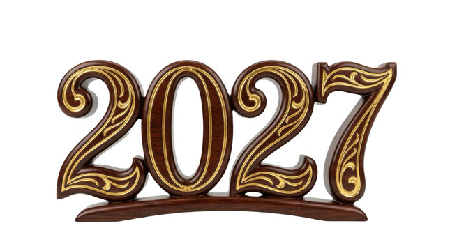 Elegant wooden numbers 2027 with gold ornate details PNG Isolated on transparent background