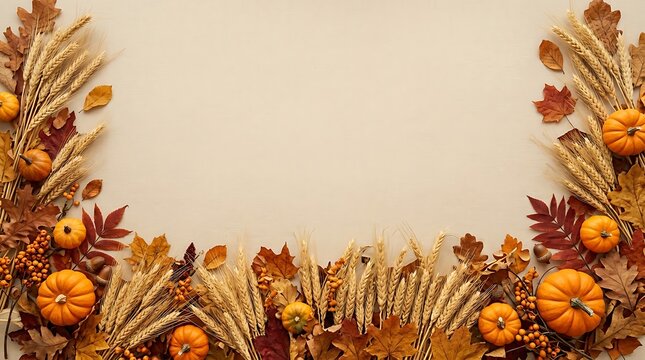 Autumn harvest border with pumpkins wheat and fall foliage