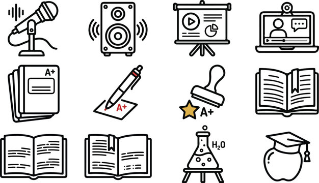 Set of education, online learning, and school line icons including microphone, speaker, presentation screen, video call laptop, homework, grading pen, stamp, open book, dictionary, grammar book