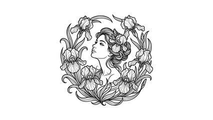 Fototapeta premium Female profile with iris flower wreath line art.
